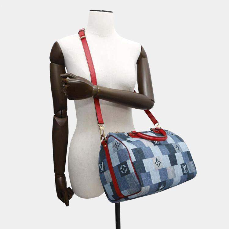 Pre Owned Louis Vuitton Blue/Red Monogram Denim Speedy Bandouliere 30 Handbag
