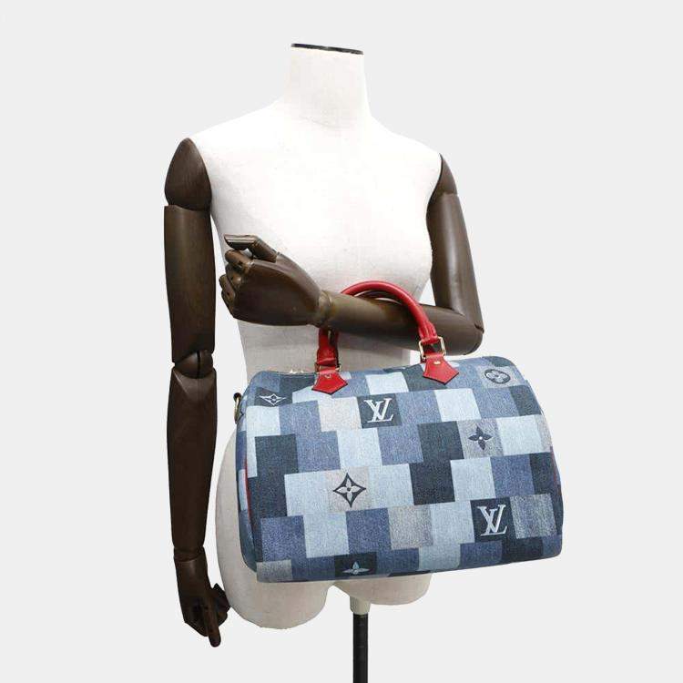 Pre Owned Louis Vuitton Blue/Red Monogram Denim Speedy Bandouliere 30 Handbag