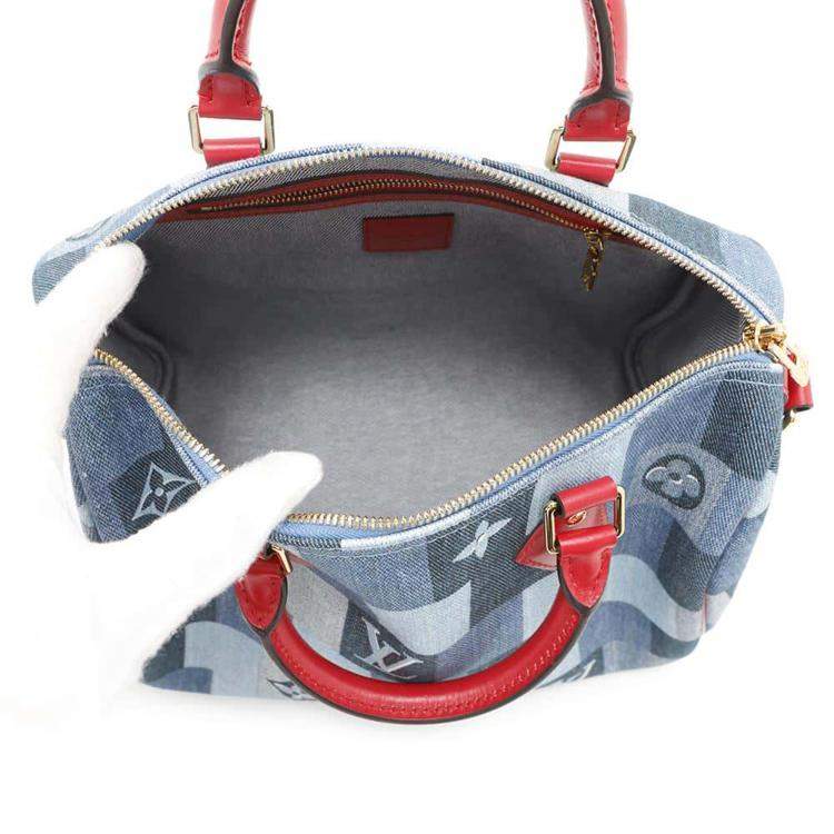 Pre Owned Louis Vuitton Blue/Red Monogram Denim Speedy Bandouliere 30 Handbag