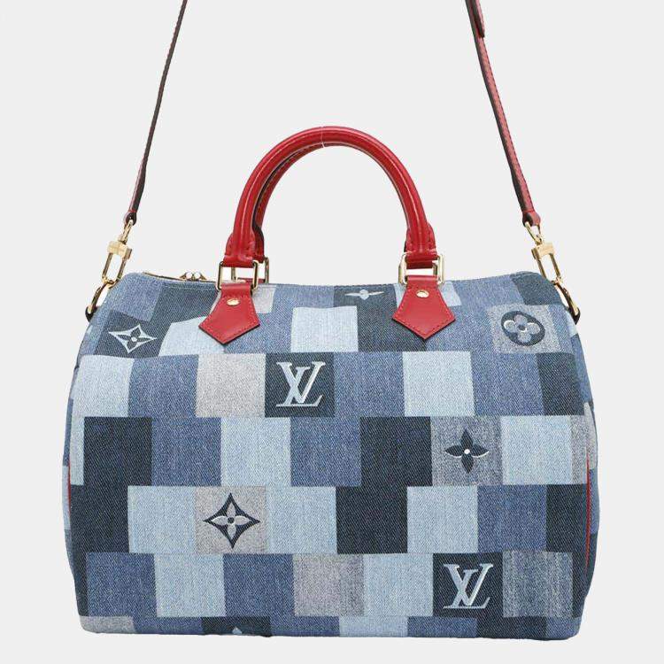 Pre Owned Louis Vuitton Blue/Red Monogram Denim Speedy Bandouliere 30 Handbag