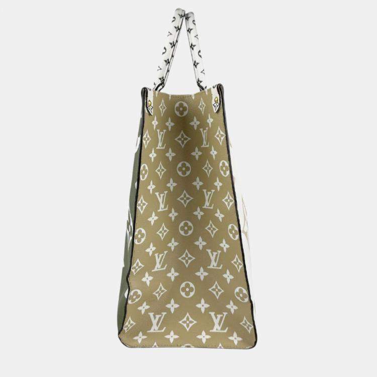 Pre Owned Louis Vuitton Kaki Beige Coated Canvas Monogram Giant Onthego GM Tote Bag