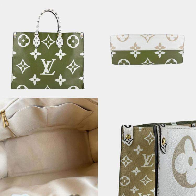 Pre Owned Louis Vuitton Kaki Beige Coated Canvas Monogram Giant Onthego GM Tote Bag