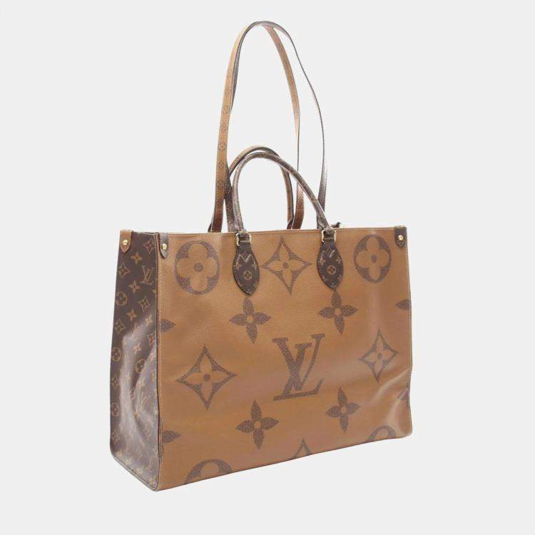 Pre Owned Louis Vuitton Brown Beige Monogram Giant Reverse OnTheGo GM Tote Bag