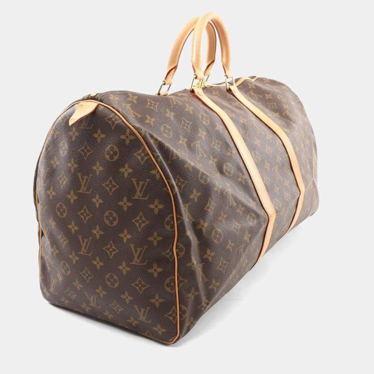 Pre Owned Louis Vuitton Keepall 55 Brown Monogram Leather Travel Bag 