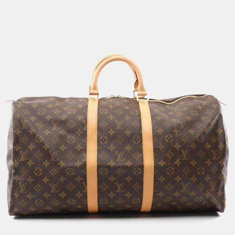 Pre Owned Louis Vuitton Keepall 55 Brown Monogram Leather Travel Bag 