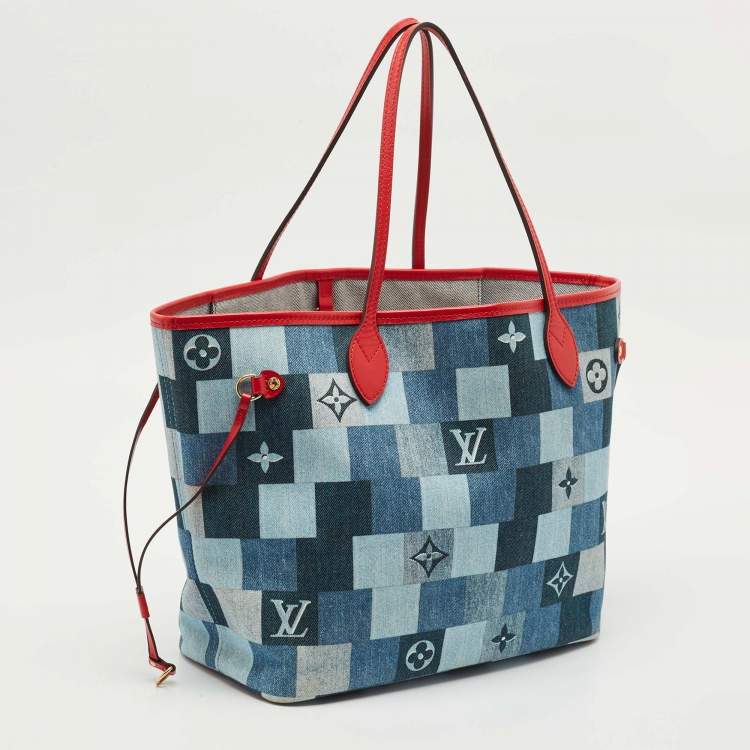 Pre Owned Louis Vuitton Blue/Red Denim Patchwork Neverfull MM Bag