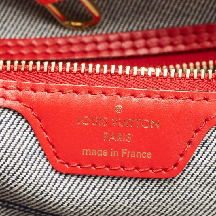 Pre Owned Louis Vuitton Blue/Red Denim Patchwork Neverfull MM Bag