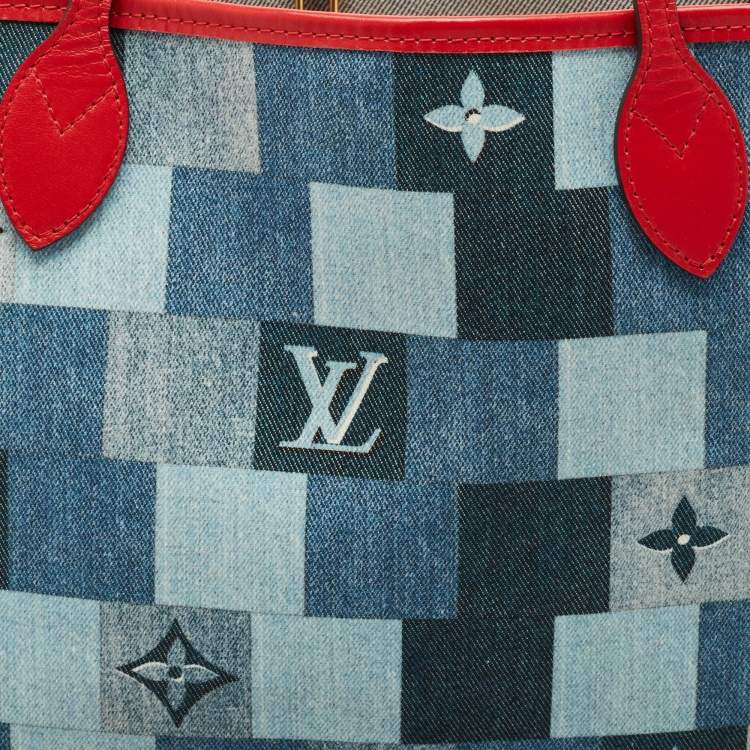 Pre Owned Louis Vuitton Blue/Red Denim Patchwork Neverfull MM Bag