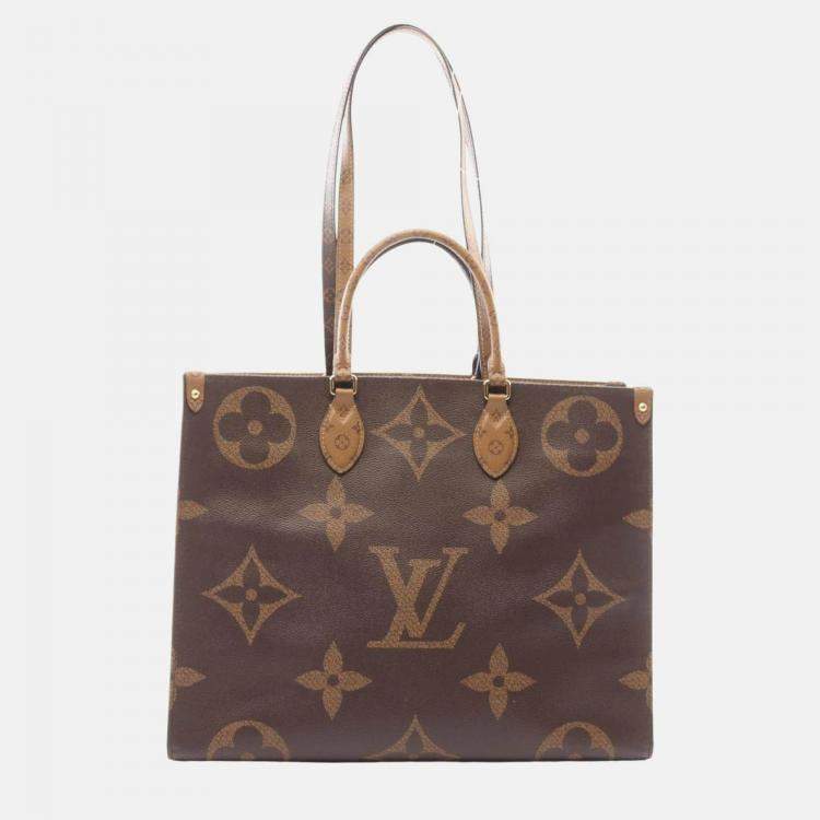 Pre Owned Louis Vuitton OnTheGo GM Coated Canvas Brown/Beige Monogram Giant Reverse Tote Bag 
