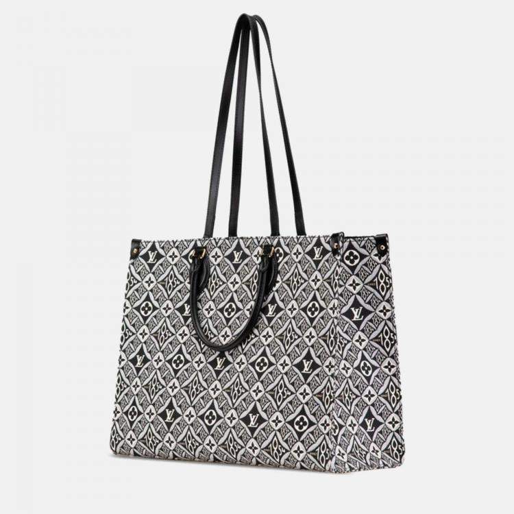 Pre Owned Louis Vuitton Monogram OnTheGo GM Black White Blue Canvas Leather Tote Bag 