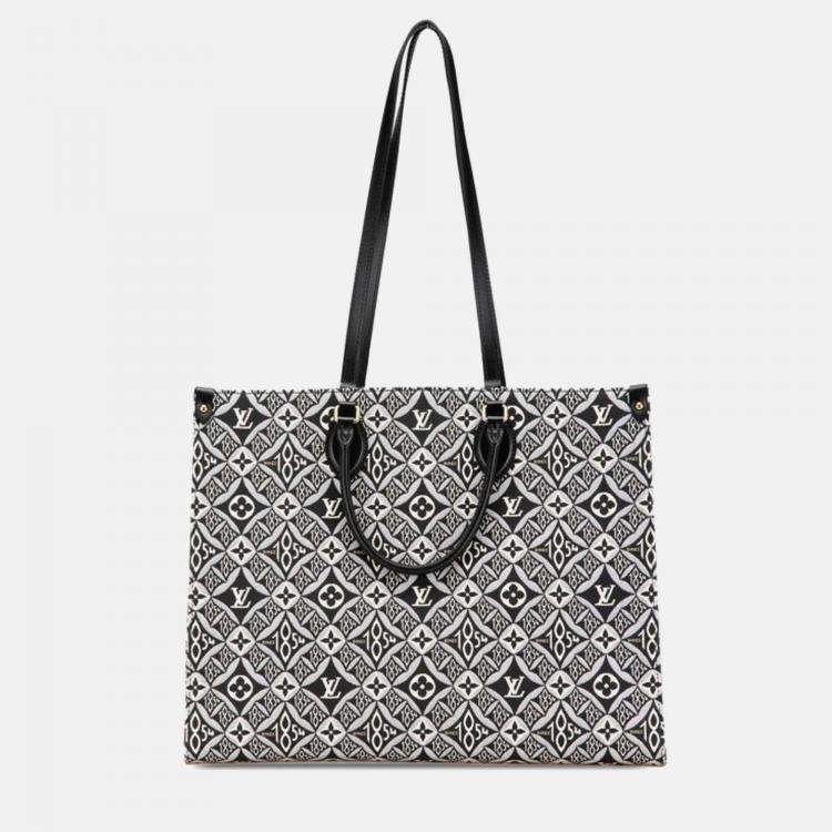 Pre Owned Louis Vuitton Monogram OnTheGo GM Black White Blue Canvas Leather Tote Bag 