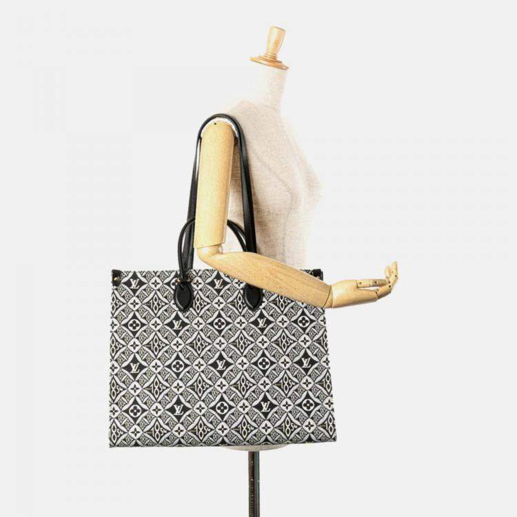 Pre Owned Louis Vuitton Monogram OnTheGo GM Black White Blue Canvas Leather Tote Bag 