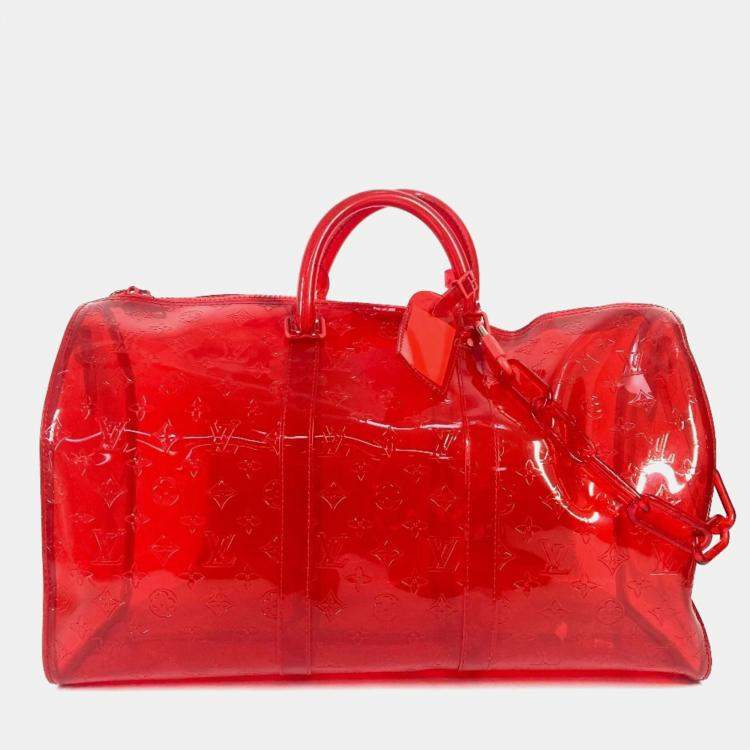 Pre Owned Louis Vuitton Keepall 50 Red Monogram Prism Vinyl PVC Boston Bag
