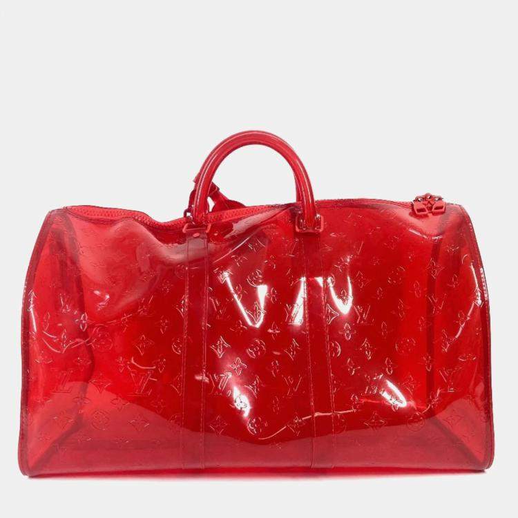 Pre Owned Louis Vuitton Keepall 50 Red Monogram Prism Vinyl PVC Boston Bag