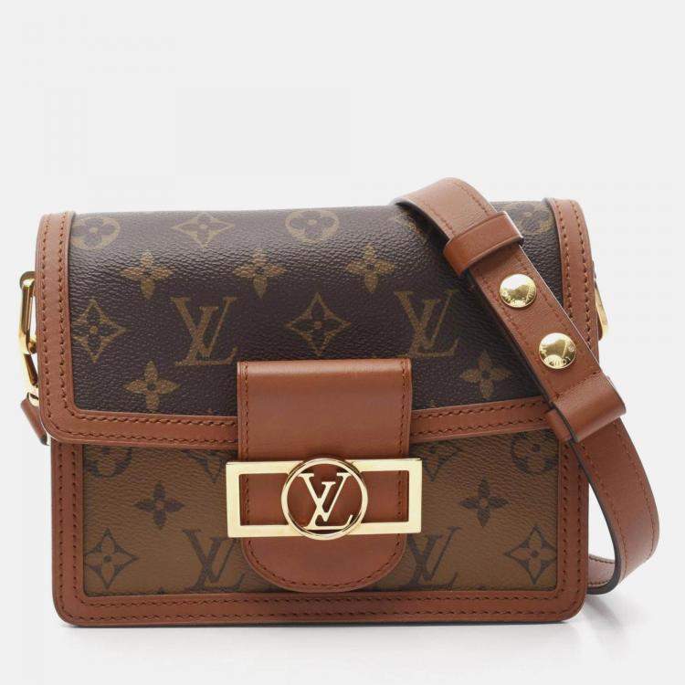 Pre Owned Louis Vuitton Dauphine Mini Brown Beige Monogram Reverse Coated Canvas Leather Shoulder Bag