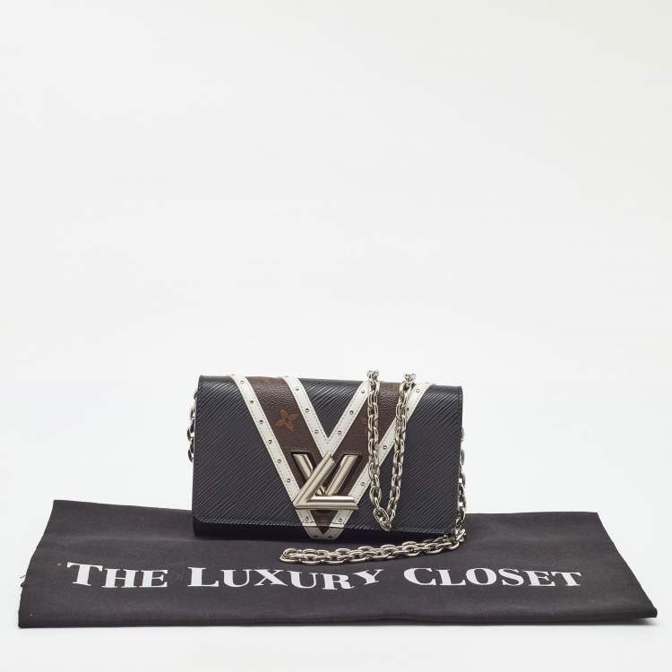 Pre Owned Louis Vuitton Black Epi Leather and Monogram Canvas Studded Twist Wallet on Chain