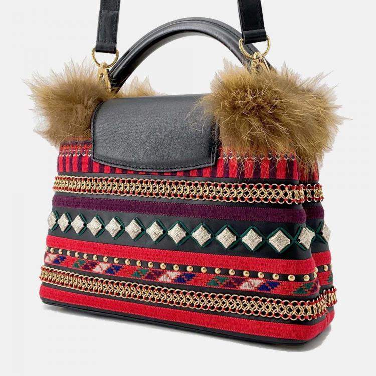 مملوكة مسبقًا Louis Vuitton Capucines Multicolor Noir Red Leather Fur Top Handle Bag