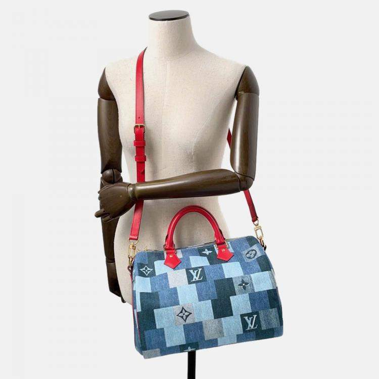 Pre Owned Louis Vuitton Speedy Bandouliere 30 Blue Red Monogram Denim Boston Bag