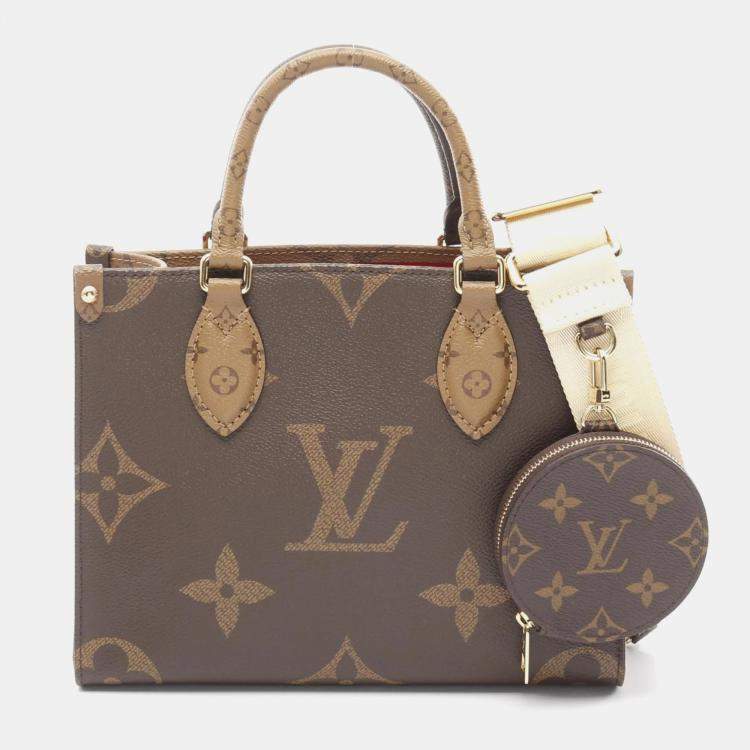 Pre Owned Louis Vuitton On The Go PM Brown Beige Monogram Reverse Coated Canvas Tote Bag