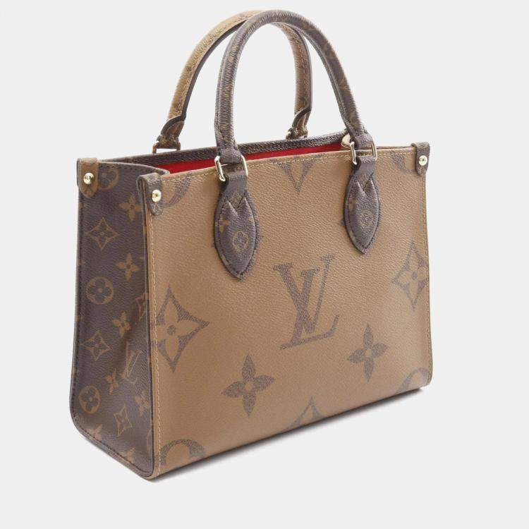 Pre Owned Louis Vuitton On The Go PM Brown Beige Monogram Reverse Coated Canvas Tote Bag