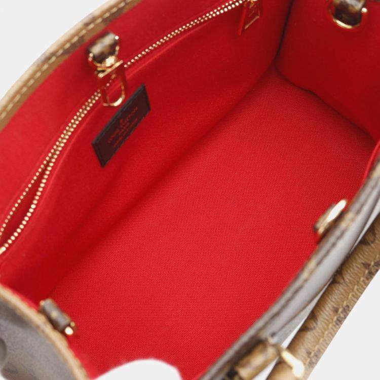 Pre Owned Louis Vuitton On The Go PM Brown Beige Monogram Reverse Coated Canvas Tote Bag
