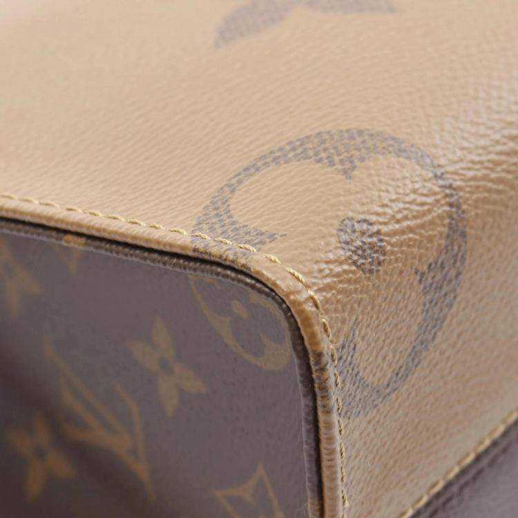 Pre Owned Louis Vuitton On The Go PM Brown Beige Monogram Reverse Coated Canvas Tote Bag