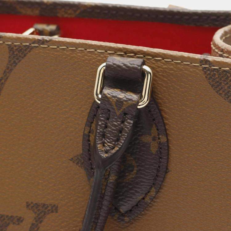 Pre Owned Louis Vuitton On The Go PM Brown Beige Monogram Reverse Coated Canvas Tote Bag
