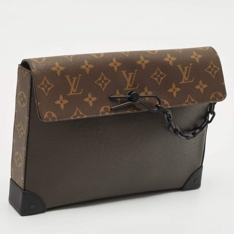 Pre Owned Louis Vuitton Khaki Green Taiga Leather and Monogram Canvas Pochette Voyage Steamer