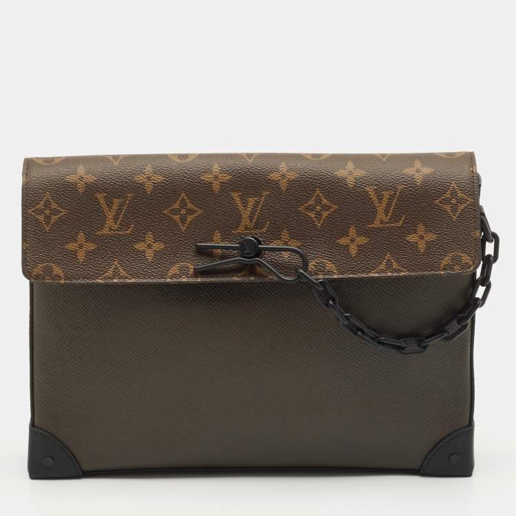 Pre Owned Louis Vuitton Khaki Green Taiga Leather and Monogram Canvas Pochette Voyage Steamer