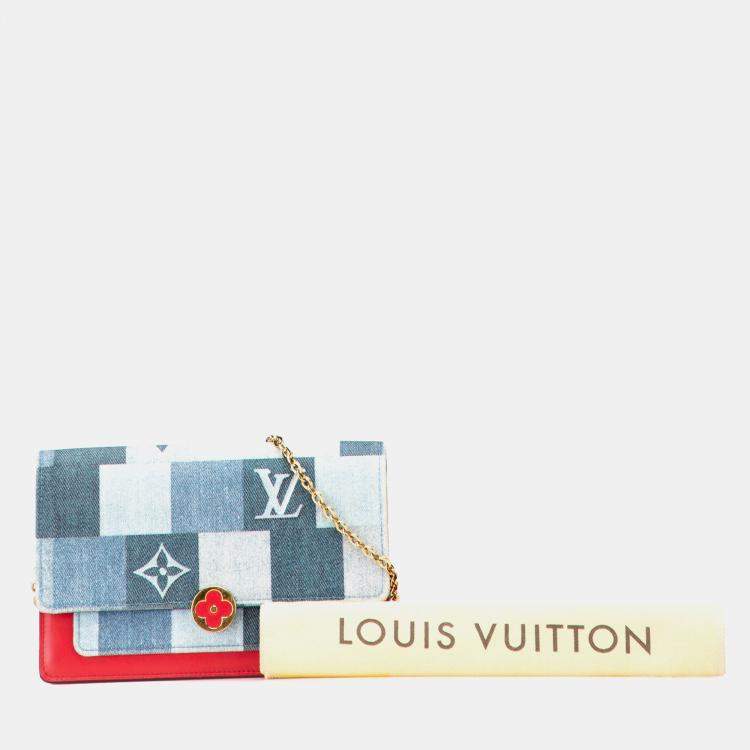 Pre Owned Louis Vuitton Blue Monogram Denim Patchwork Fiore Chain Wallet