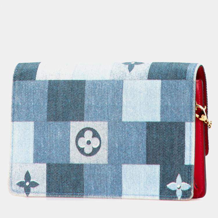 Pre Owned Louis Vuitton Blue Monogram Denim Patchwork Fiore Chain Wallet