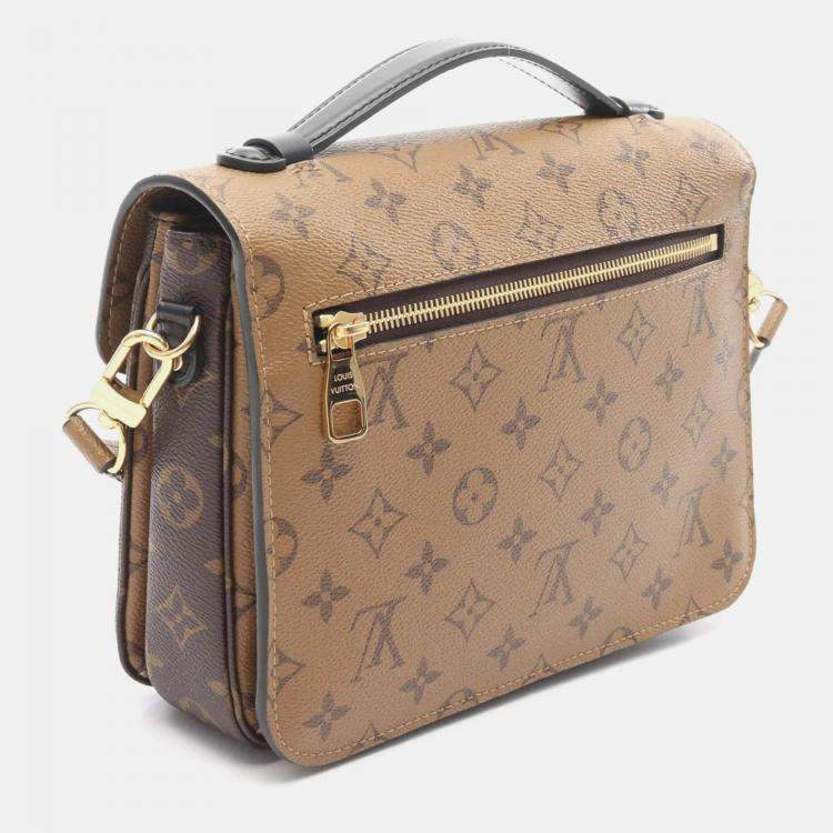 Pre Owned Louis Vuitton Pochette Metis MM Monogram Reverse Brown Black Coated Canvas Leather Handbag