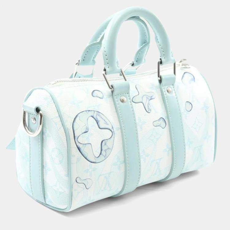 Pre Owned Louis Vuitton Keepall Bandouliere 25 Monogram Aqua Garden Blue Coated Canvas Leather Handbag