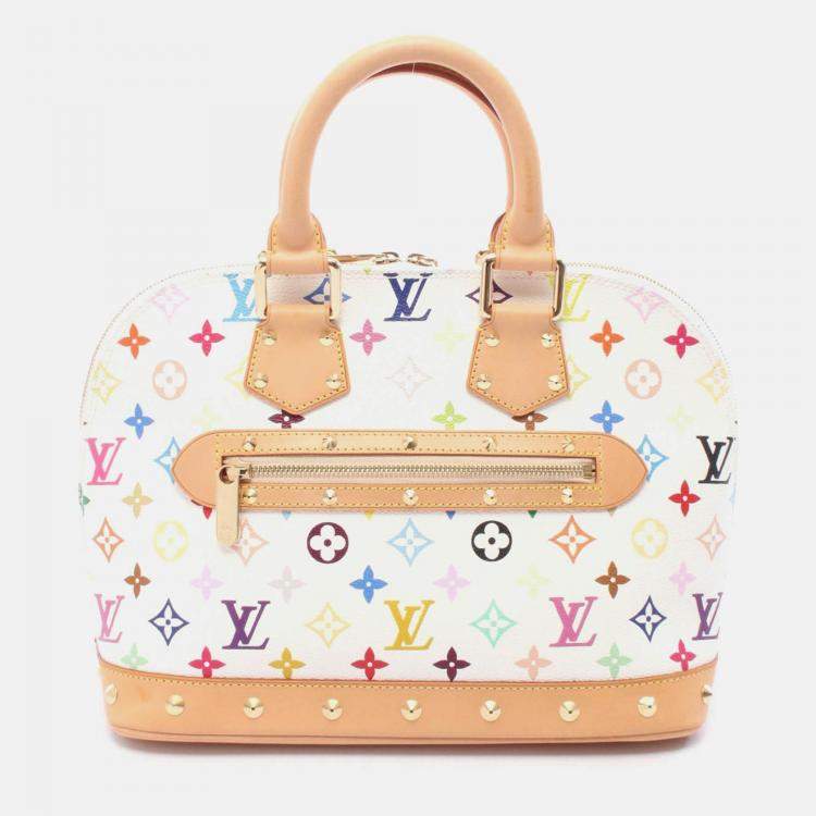 Pre Owned Louis Vuitton Alma Handbag Monogram Multicolor Canvas Leather Blanc