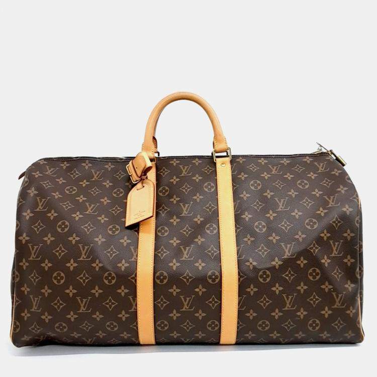 Pre Owned Louis Vuitton Bandouliere Keepall 55 Brown Monogram Coated Canvas Leather Handbag