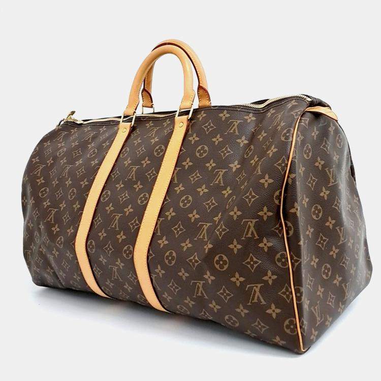 Pre Owned Louis Vuitton Bandouliere Keepall 55 Brown Monogram Coated Canvas Leather Handbag