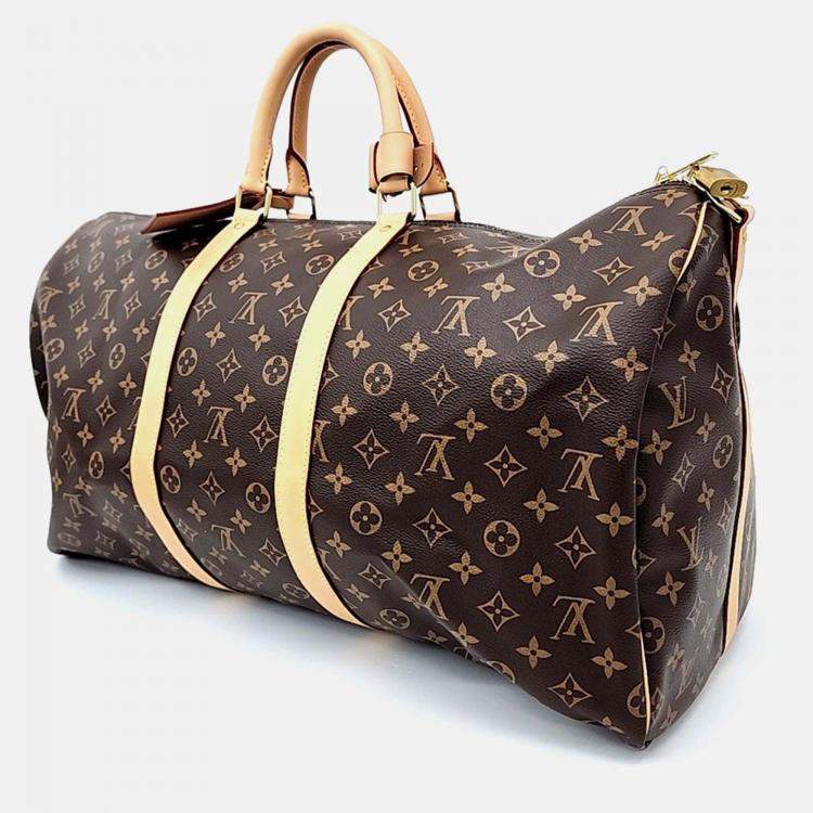 Pre Owned Louis Vuitton Brown Coated Canvas Monogram Bandouliere Keepall 55