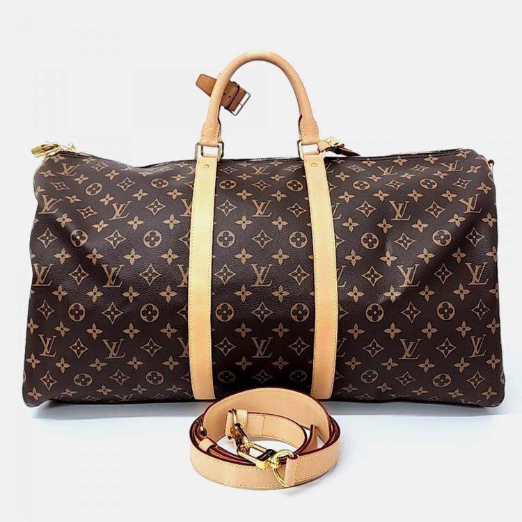 Pre Owned Louis Vuitton Brown Coated Canvas Monogram Bandouliere Keepall 55
