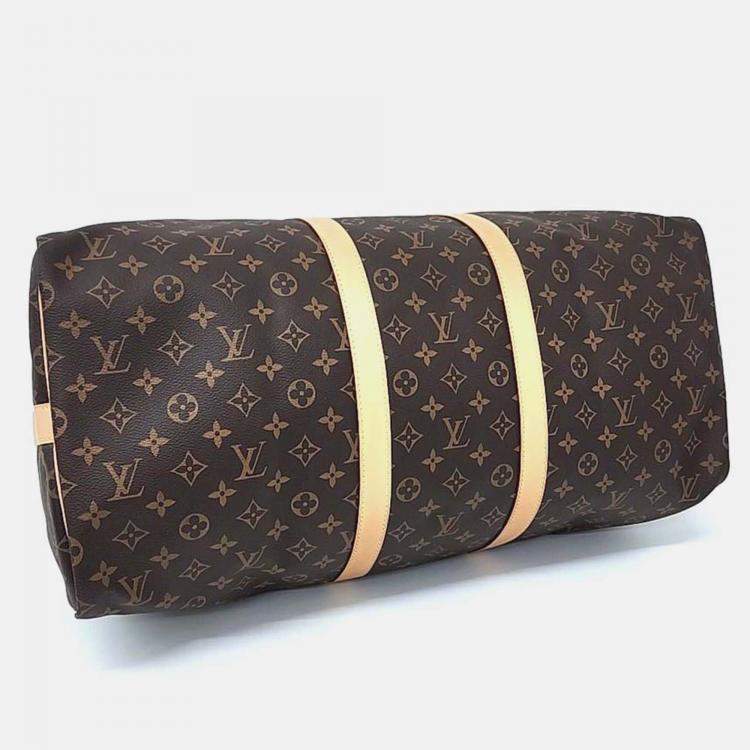 Pre Owned Louis Vuitton Brown Coated Canvas Monogram Bandouliere Keepall 55