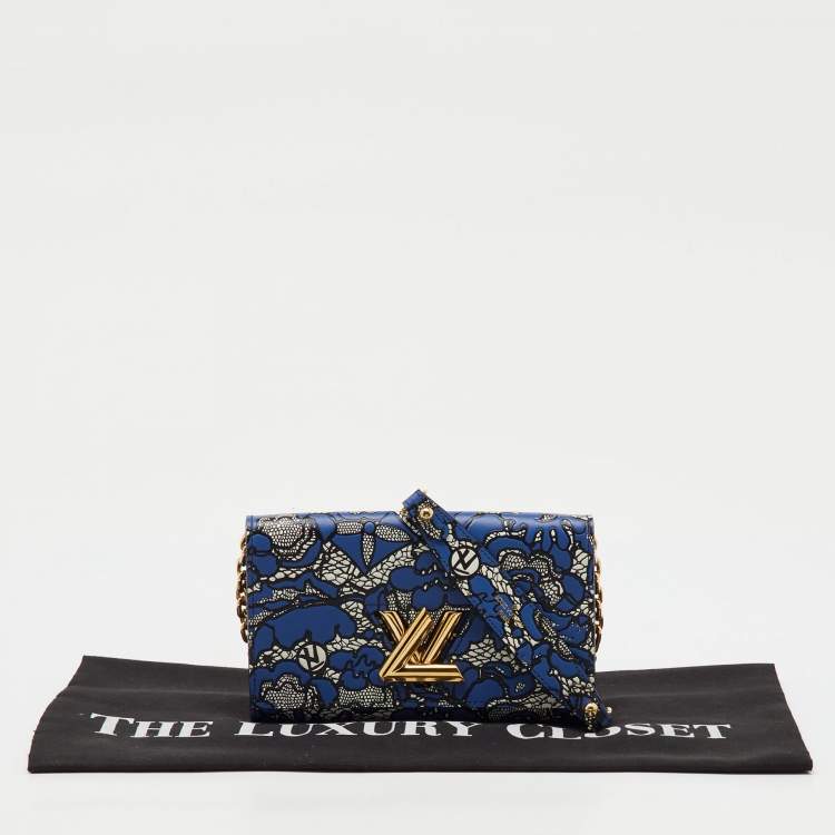 Pre Owned Louis Vuitton Navy Blue Flower Lace Leather Inlay Twist Wallet on Chain
