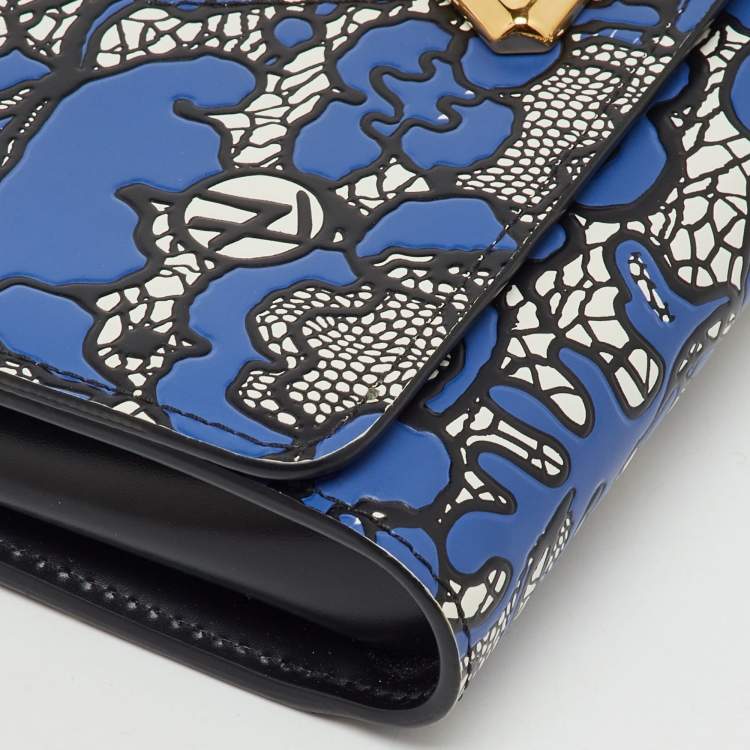 Pre Owned Louis Vuitton Navy Blue Flower Lace Leather Inlay Twist Wallet on Chain