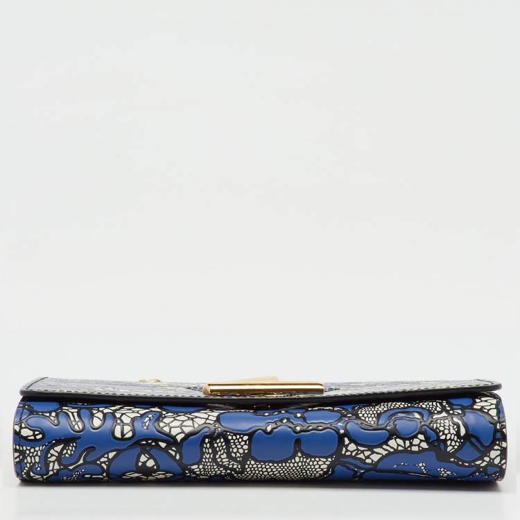 Pre Owned Louis Vuitton Navy Blue Flower Lace Leather Inlay Twist Wallet on Chain
