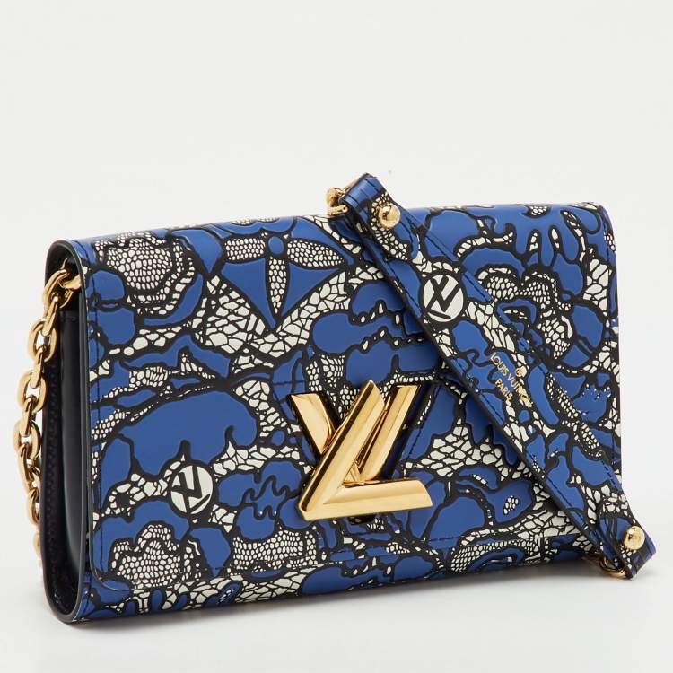 Pre Owned Louis Vuitton Navy Blue Flower Lace Leather Inlay Twist Wallet on Chain