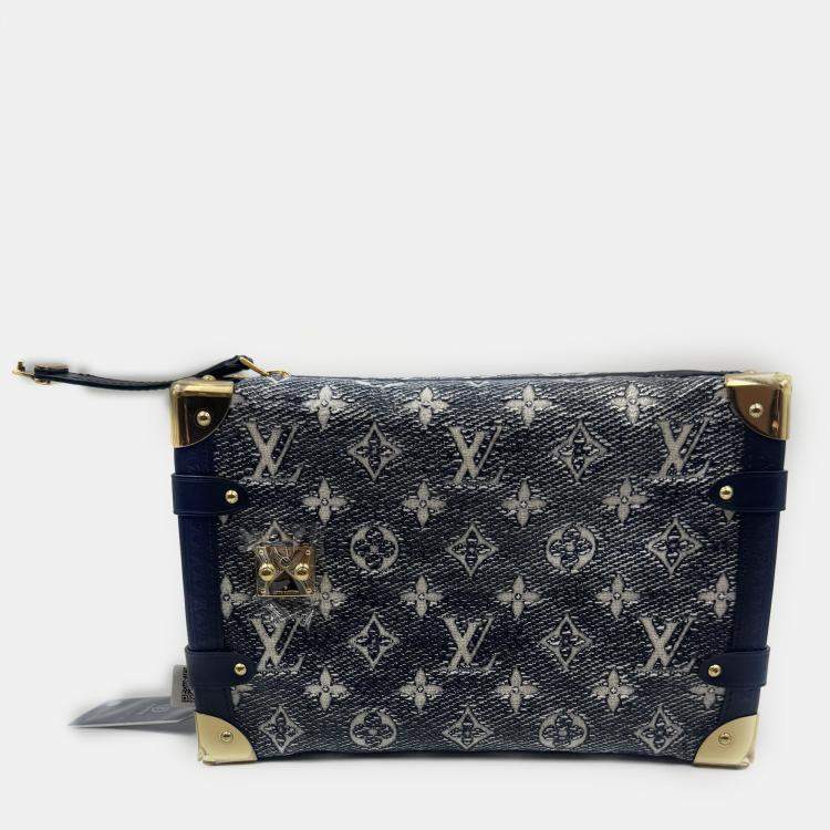 Pre Owned Louis Vuitton Grey Denim Leather Side Trunk Bag