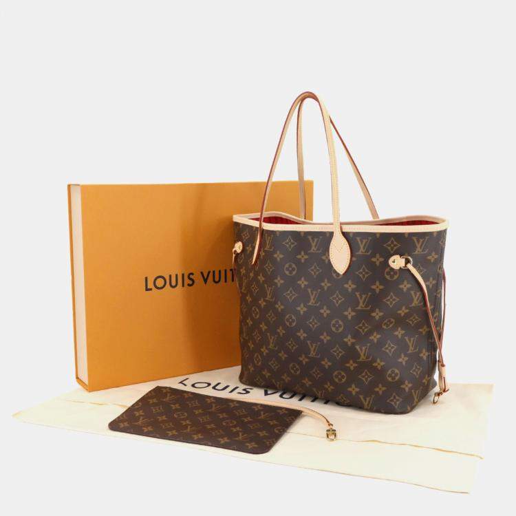 Pre Owned Louis Vuitton Monogram Neverfull Mm Tote Bag  Brown  Cerise