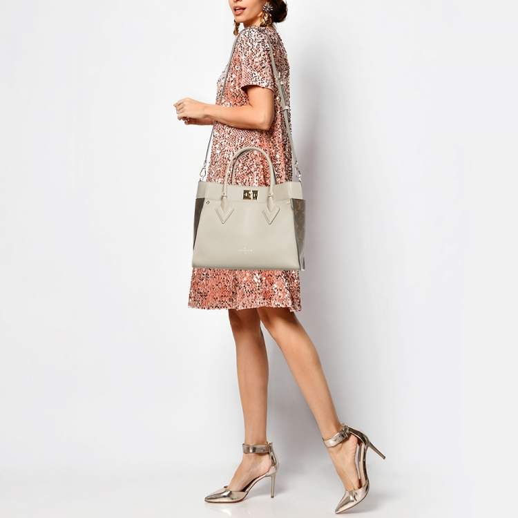 Pre Owned Louis Vuitton Greige Leather and Monogram Canvas On My Side MM Tote Bag