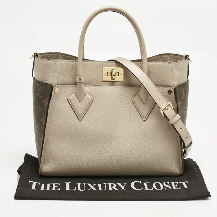 Pre Owned Louis Vuitton Greige Leather and Monogram Canvas On My Side MM Tote Bag