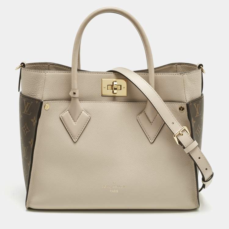 Pre Owned Louis Vuitton Greige Leather and Monogram Canvas On My Side MM Tote Bag