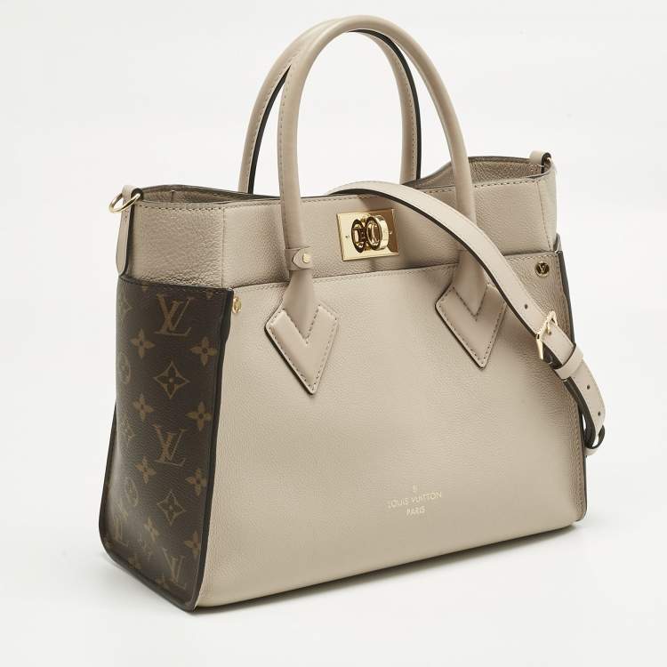 Pre Owned Louis Vuitton Greige Leather and Monogram Canvas On My Side MM Tote Bag