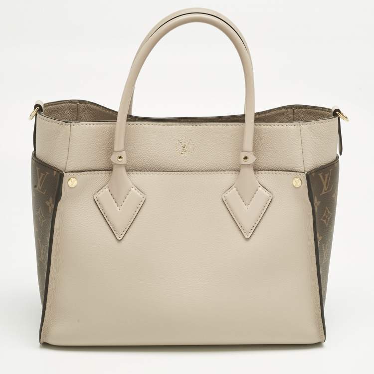 Pre Owned Louis Vuitton Greige Leather and Monogram Canvas On My Side MM Tote Bag